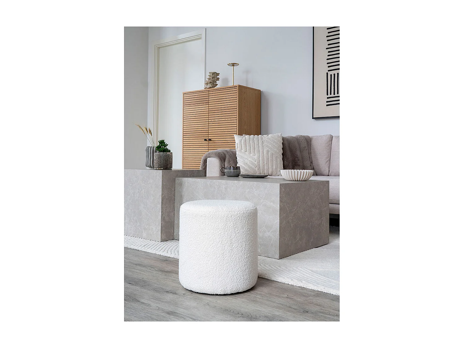 Ejby - Pouf rond en tissu bouclette ø34cm - Blanc