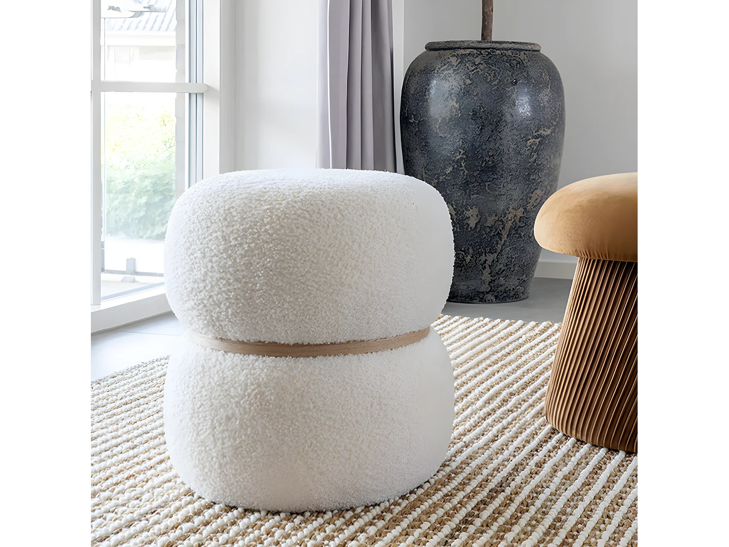 Milford - Pouf rond en tissu bouclette ø38cm - Blanc