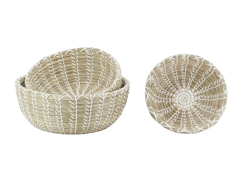 Corbeilles de rangement en jonc naturel et liens blanc