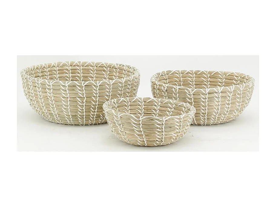 Corbeilles de rangement en jonc naturel et liens blanc