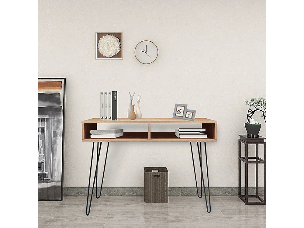 Schreibtisch - Bürotisch in Nussbaum / Schwarz mit 2 offenen Fächern und Metallbeinen, 100x40 cm - ORIANIS