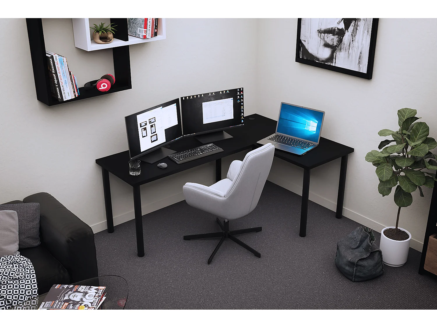 Bureau gaming noir, bureau gamer, bureau d'ordinateur, bureau de jeu bureau