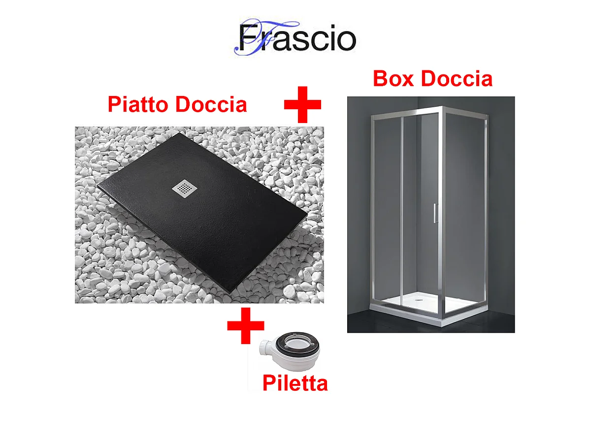Piatto Doccia 100X130 cm Vulcano Line Extra Slim Nero + Box doccia 100x130 cm Alto 200 cm Con Un Cristallo Fisso e Apertura frontale a 2 Cristalli