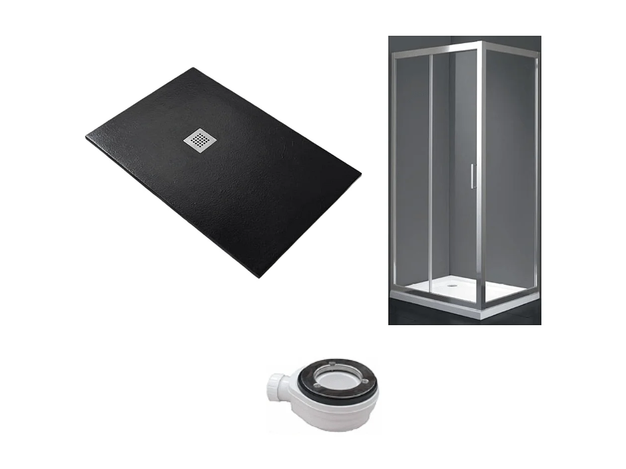 Receveur de Douche 65X150 cm Ligne Vulcano Extra Slim Noir + Cabine de Douche 65x150 cm Haut 200 cm Avec Un Verre Fixe et Ouverture Frontale avec 2 Cristaux