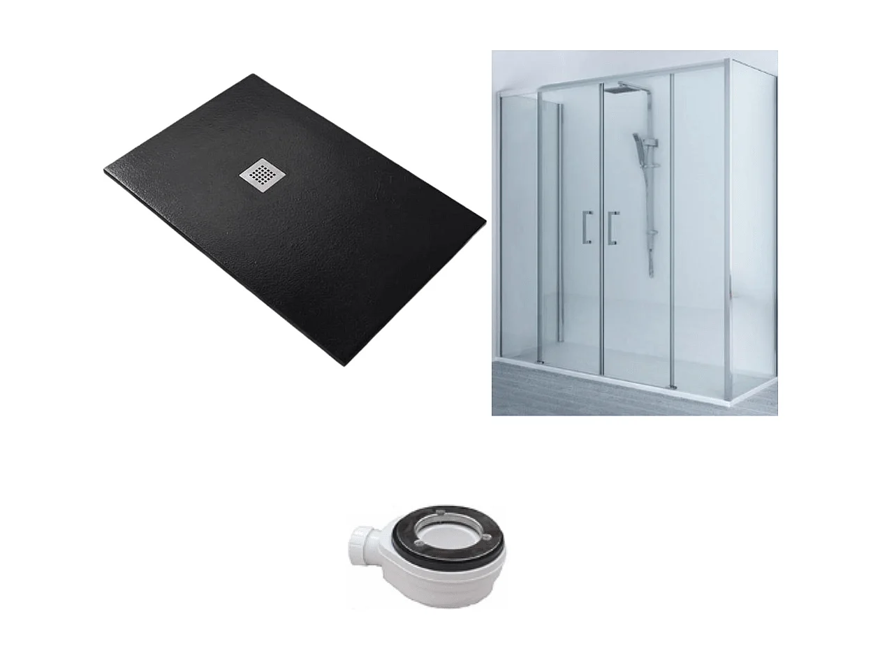 Receveur de Douche 75X180 cm Ligne Vulcano Extra Slim Noir + Cabine de Douche 75x180 cm Haut 200 cm Avec Un Verre Fixe et Ouverture Centrale avec 4 Cristaux