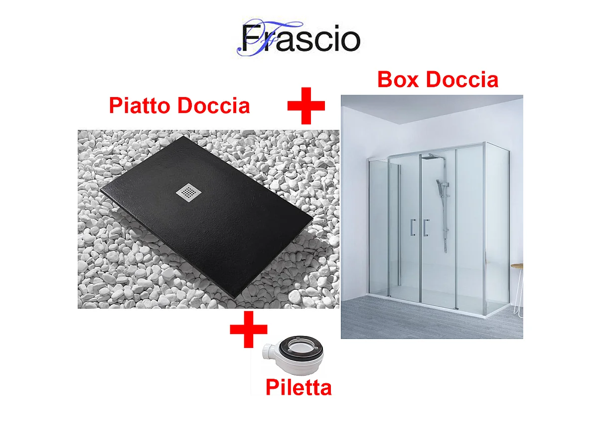 Piatto Doccia 70X180 cm Vulcano Line Extra Slim Nero + Box doccia 70x180 cm Alto 200 cm Con Un Cristallo Fisso e Apertura centrale a 4 Cristalli
