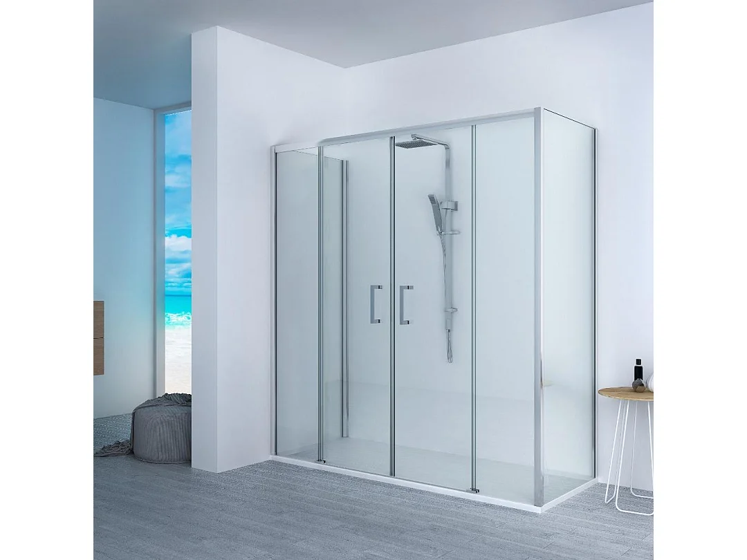Receveur de Douche 90X160cm Vulcano Line Slim NOIR + Cabine de Douche 90x160cm Hauteur 200cm 1 Glace Fixe et Ouverture Centrale avec 4 Glaces