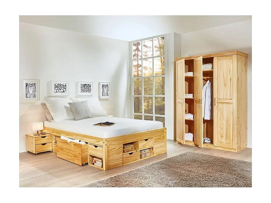 Klass naturel gelakt massief grenen multi-opbergbed 140x200 cm