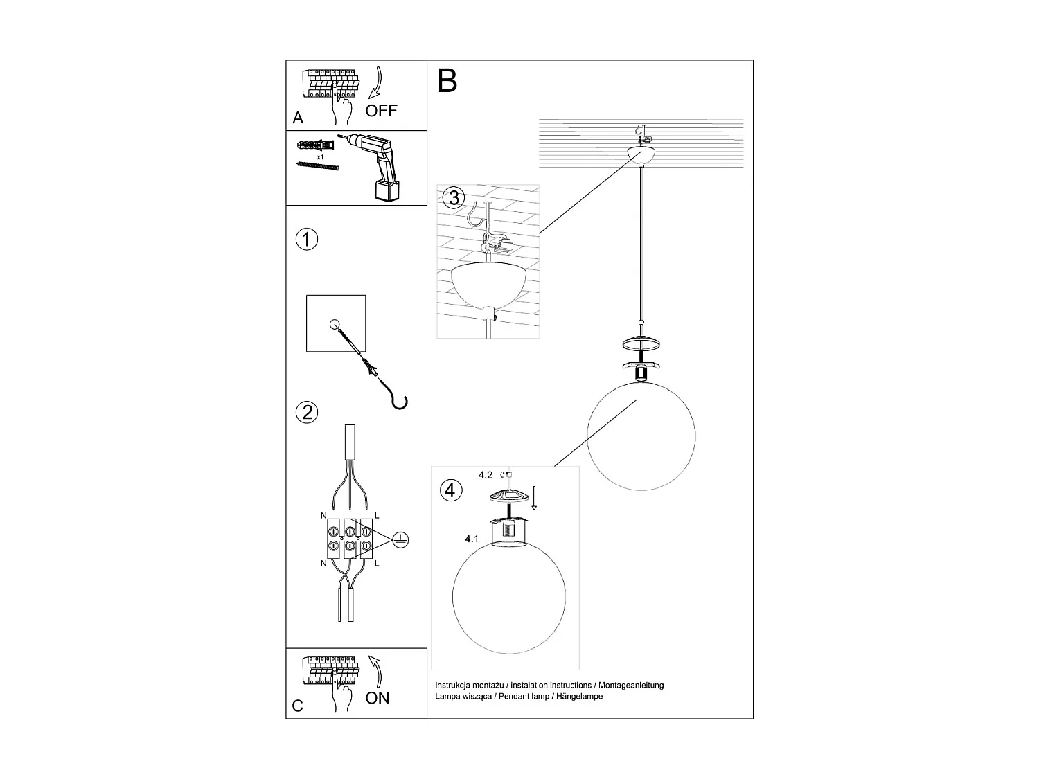 Sollux UGO Suspension Globe 1 Lumière Blanc, Chrome, E27