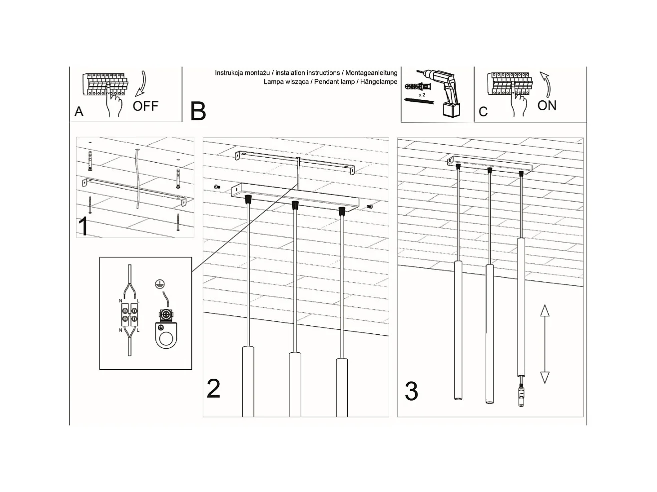 Sollux PASTELO Luminaire suspendu à 3 ampoules Staight, blanc, G9