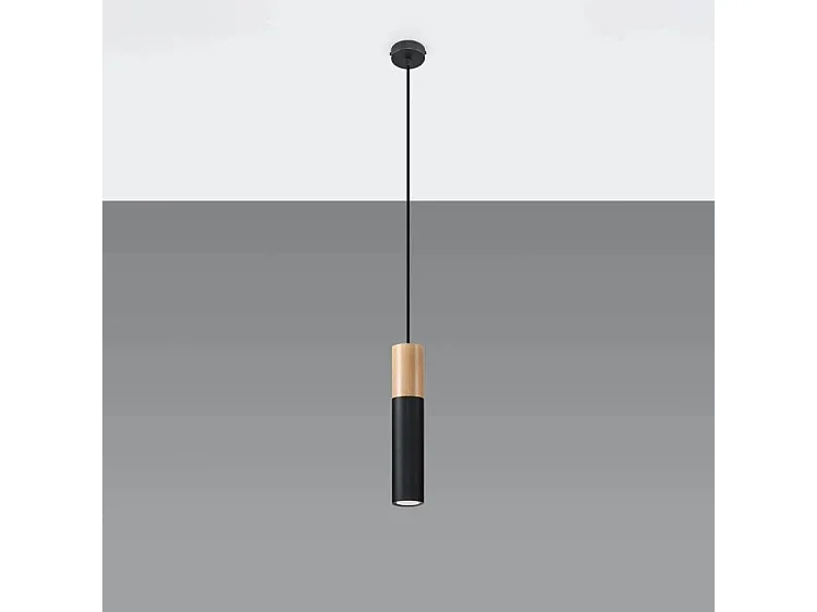 Sollux PABLO Lampe à Suspension Slim 8cm Noir, Bois Naturel GU10