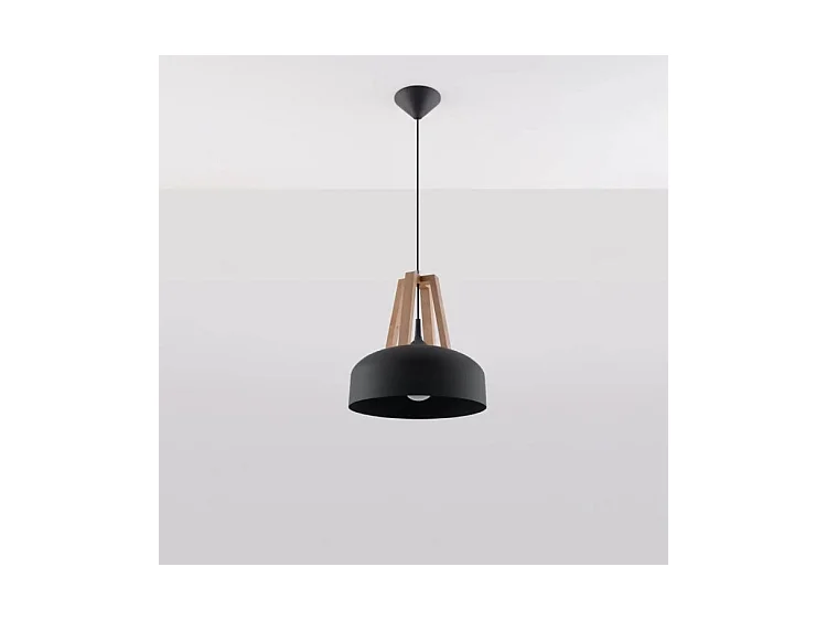 Sollux CASCO Plafonnier à 1 ampoule en forme de dôme noir, bois naturel, E27