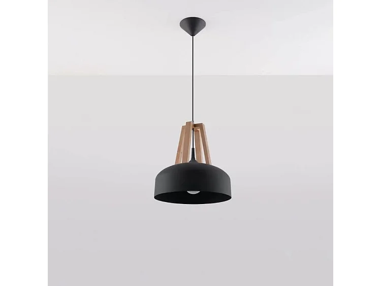 Sollux CASCO Plafonnier à 1 ampoule en forme de dôme noir, bois naturel, E27