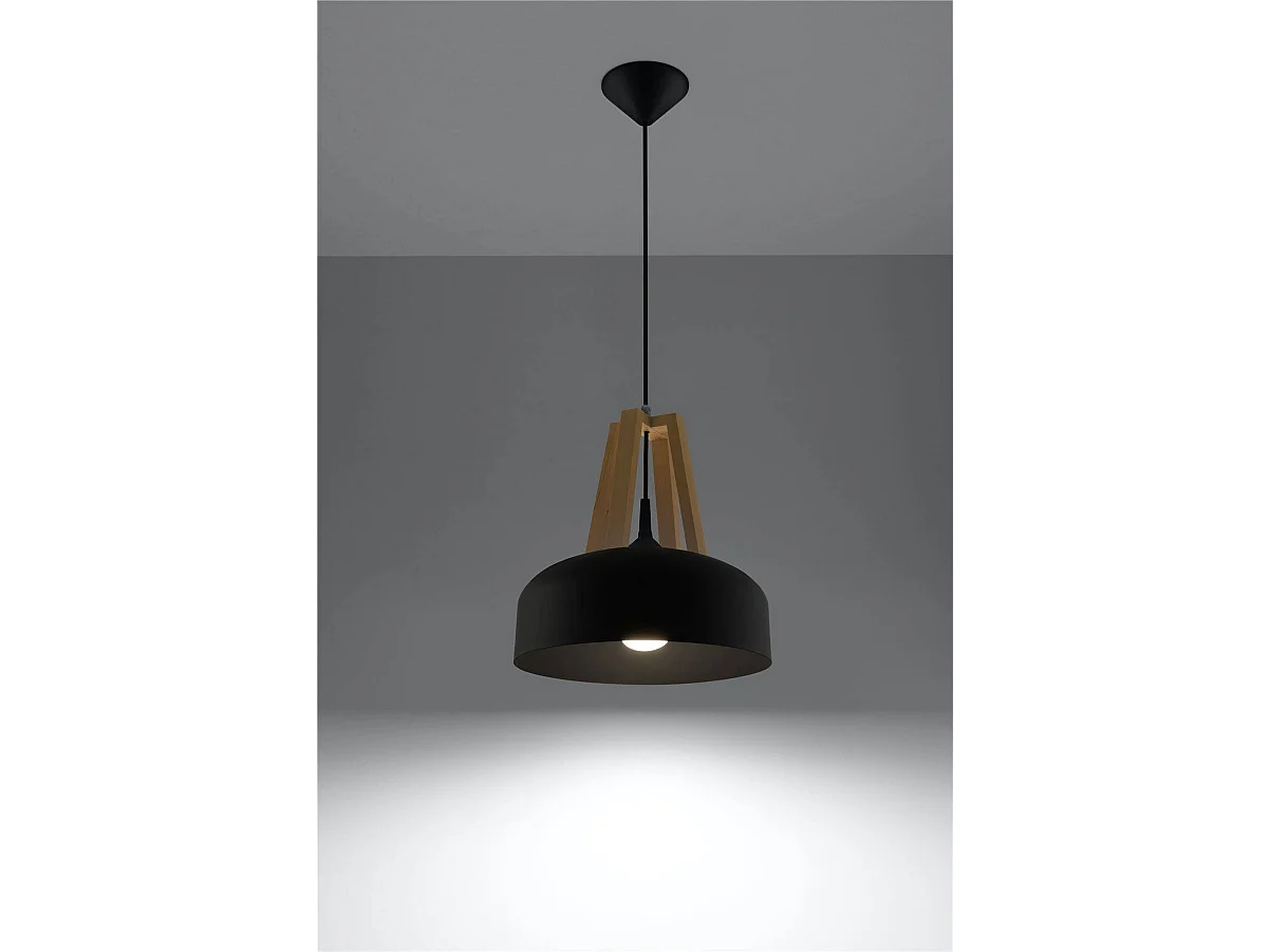 Sollux CASCO Plafonnier à 1 ampoule en forme de dôme noir, bois naturel, E27