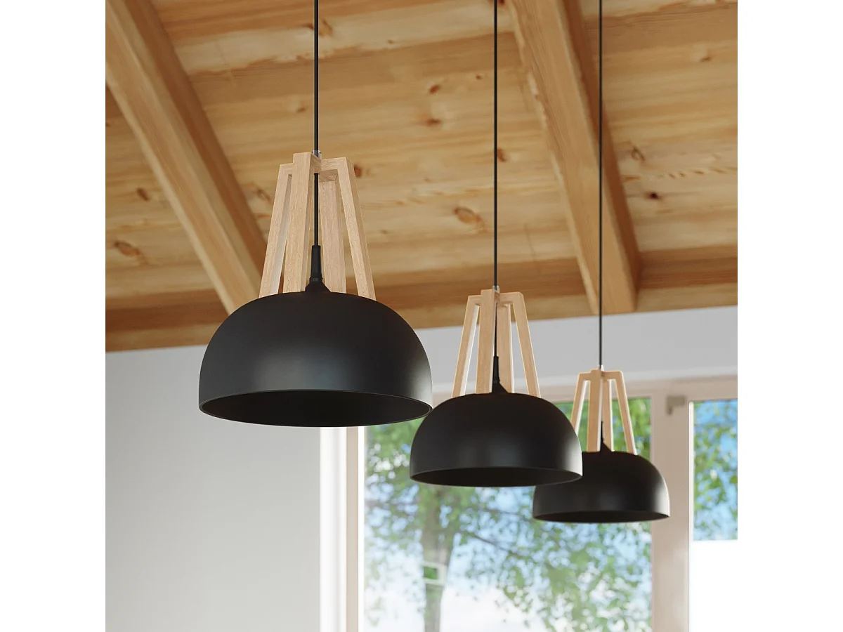 Sollux CASCO Plafonnier à 1 ampoule en forme de dôme noir, bois naturel, E27