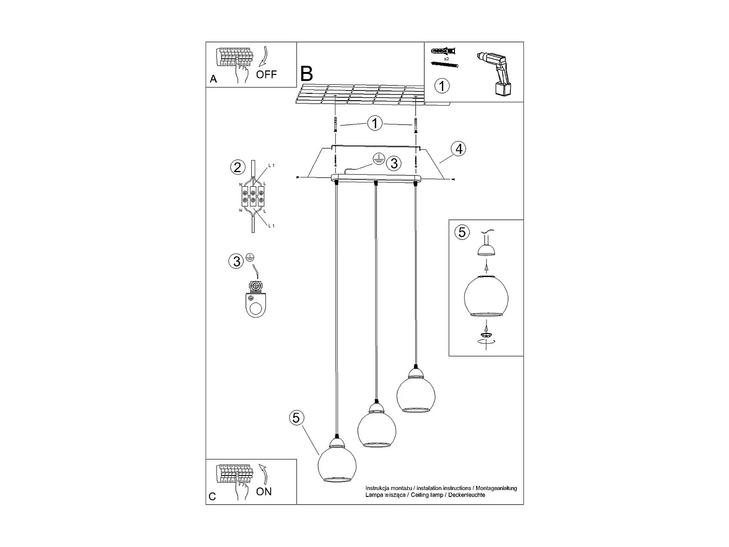 Hanglampen Alino Modern Van  - 3 Lichtbronnen - L.45 X H.117 Cm - Zwart