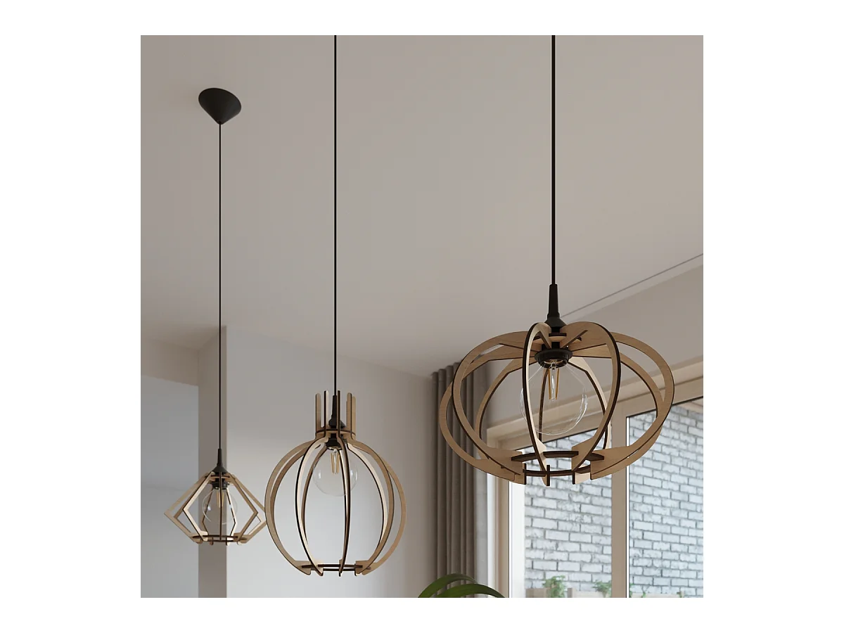 Lampada a sospensione in filo di legno naturale E27 Lámpara colgante con marco de alambre Madera natural E27