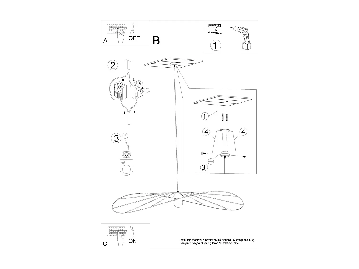 Luminárias Pendentes Eskola Minimalista, Aço - 1 Lichtbronnen - L.140 X H.150 Cm - Preto