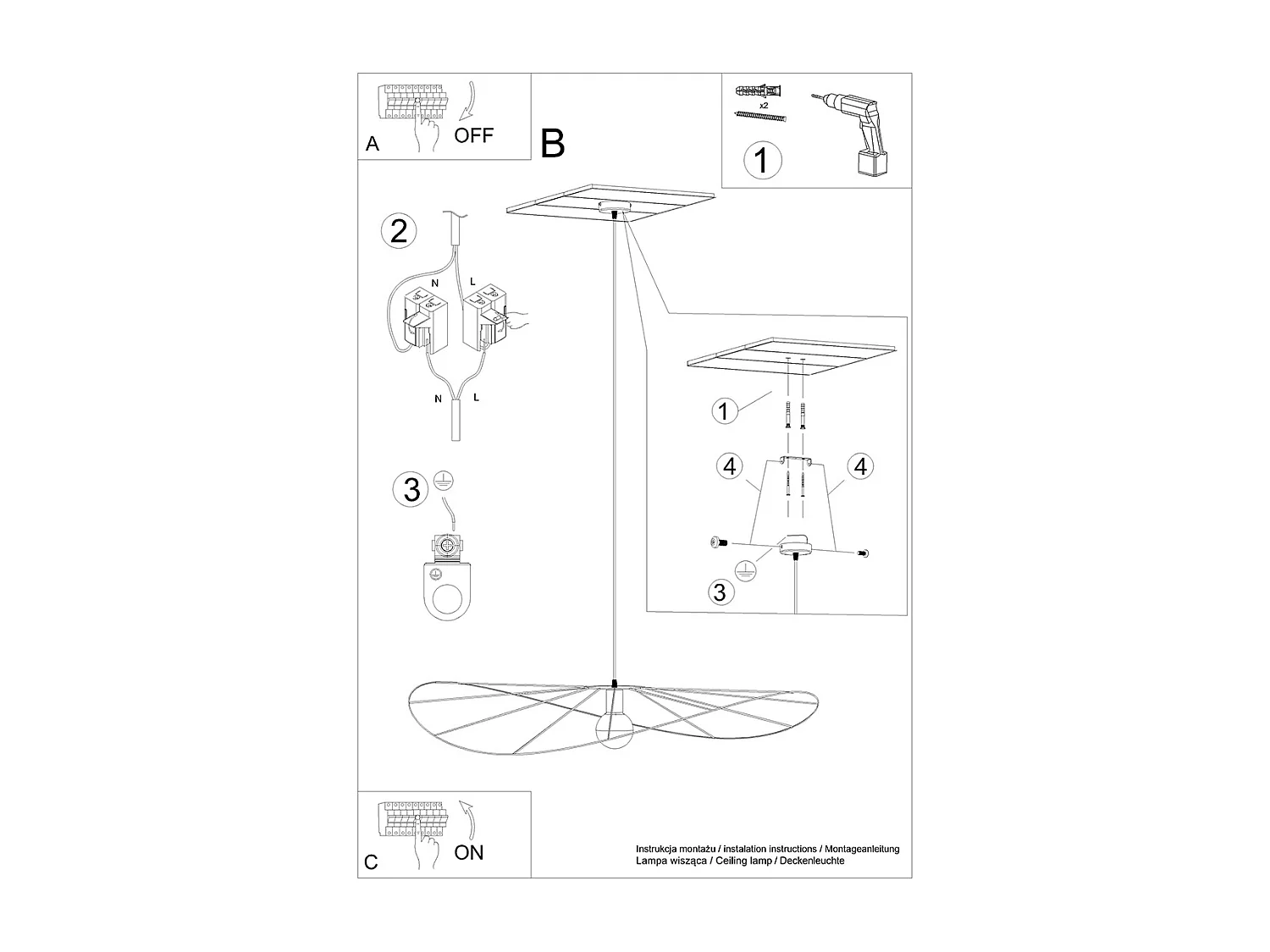 Luminárias Pendentes Eskola Minimalista, Aço - 1 Lichtbronnen - L.110 X H.150 Cm - Preto