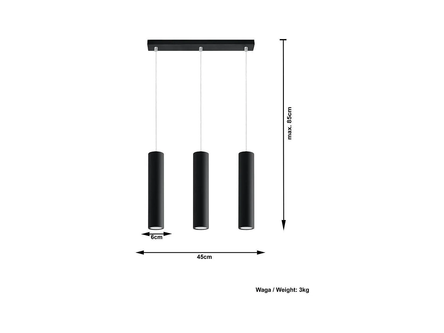 Sollux LAGOS - 3 Light Staight Bar Drop Pendant Black, GU10