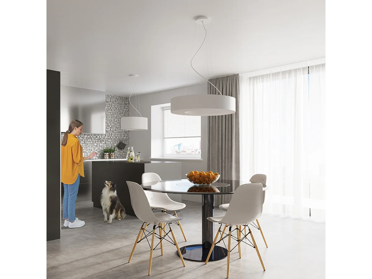 Lustres Saturno Minimalista, Tecido/Pvc/Aço - 8 Lichtbronnen - L.90 X H.102 Cm - Branco