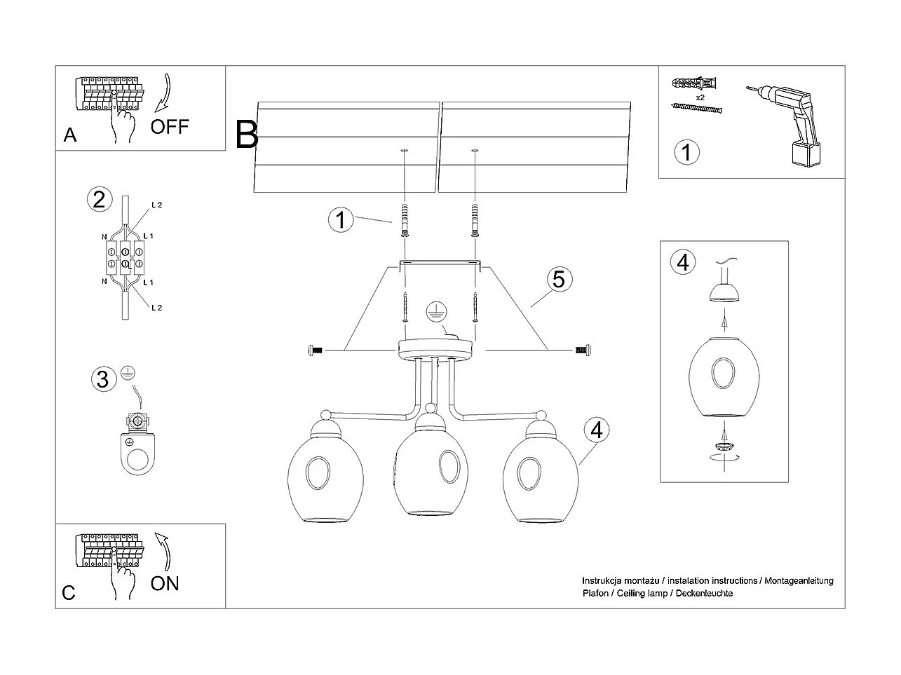 Sollux Fillan Lámpara de techo semiempotrable multi brazos negra