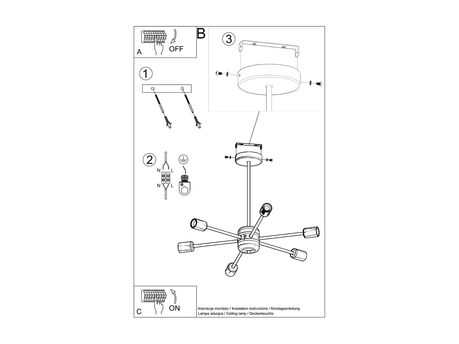 Sollux Lighting Lango Plafonnier semi-affleurant à bras multiples, noir, 6x E27