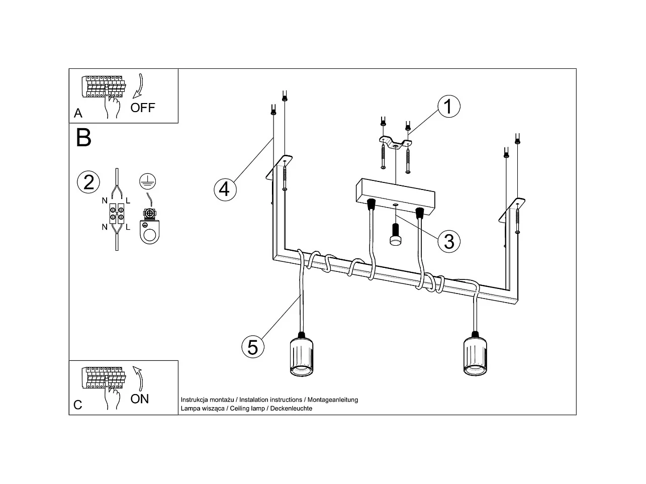Sollux SALAMANCA Suspension Barre Droite Moderne 2 Lumière Noir E27