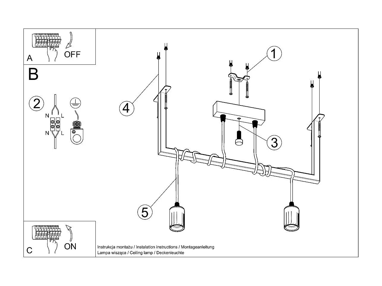 Sollux SALAMANCA Suspension Barre Droite Moderne 2 Lumière Noir E27