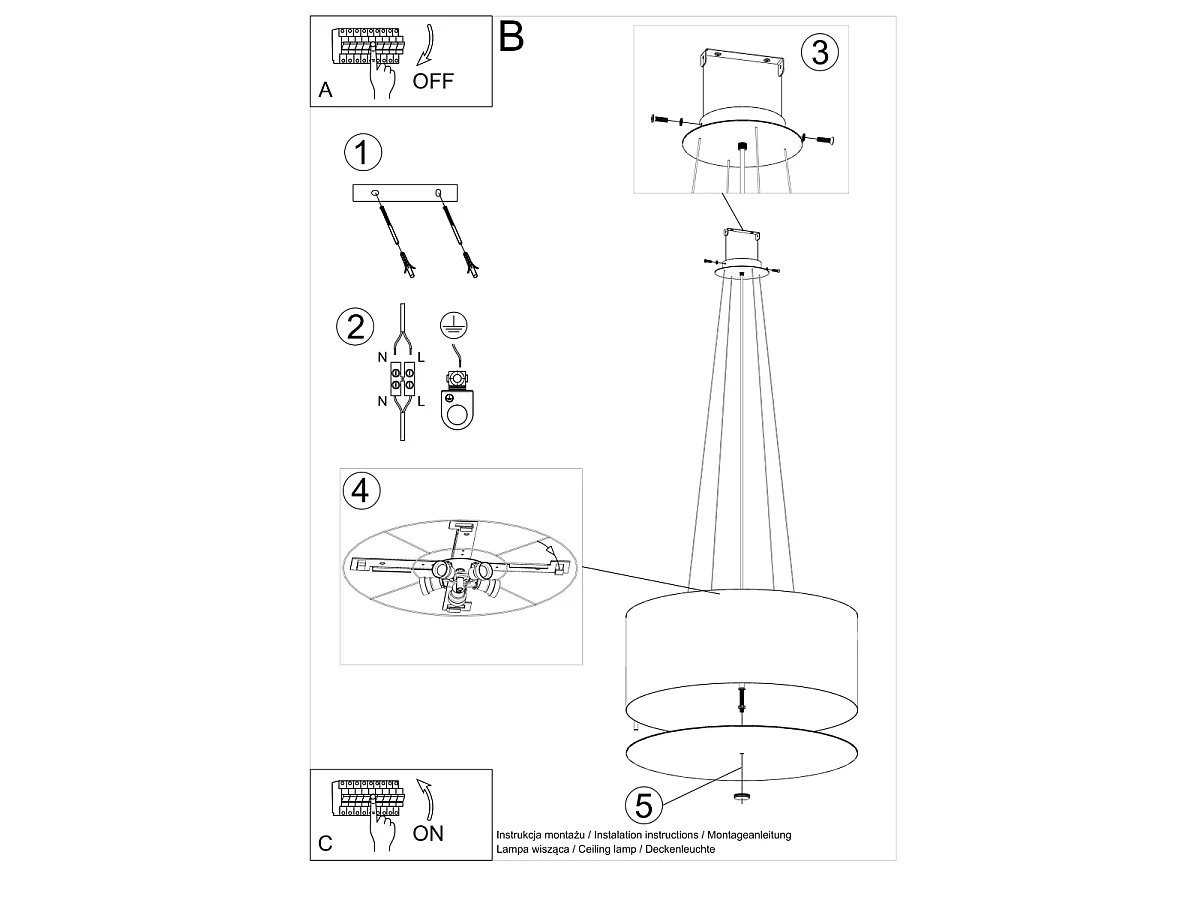 Żyrandole Minimalistyczny Otto, Tkanina/Szkło/Stal - 5 Źródło - L.60 X H.115 Cm - Czarny