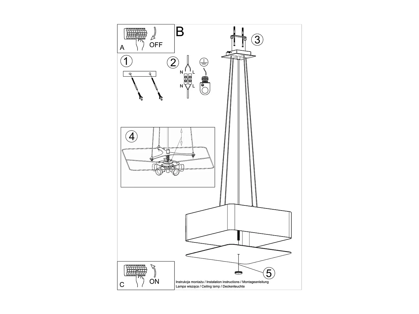 Sollux LOKKO Suspension Carrée Noir 55cm E27