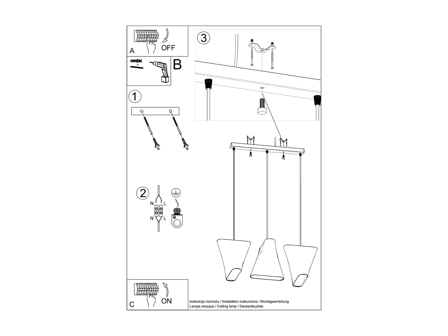 Dreifach hängende Pendelleuchte Schwarz 3x E27 Lampada a sospensione tripla nera 3x E27