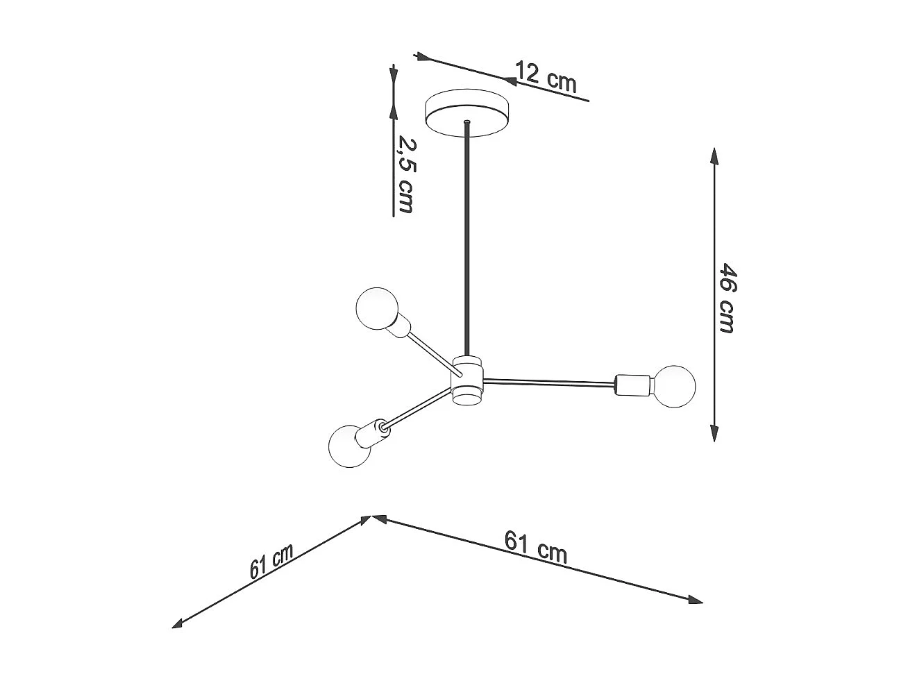 Sollux lichting Lango Multi Arm Semi Flush Deckenleuchte, Schwarz, 3x E27