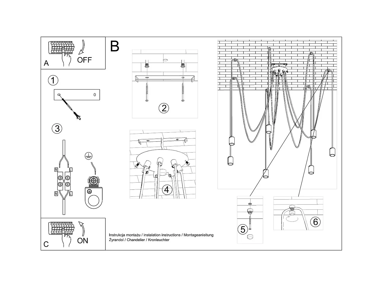 Sollux EDISON Suspension à 7 grappes de lumière noire, E27