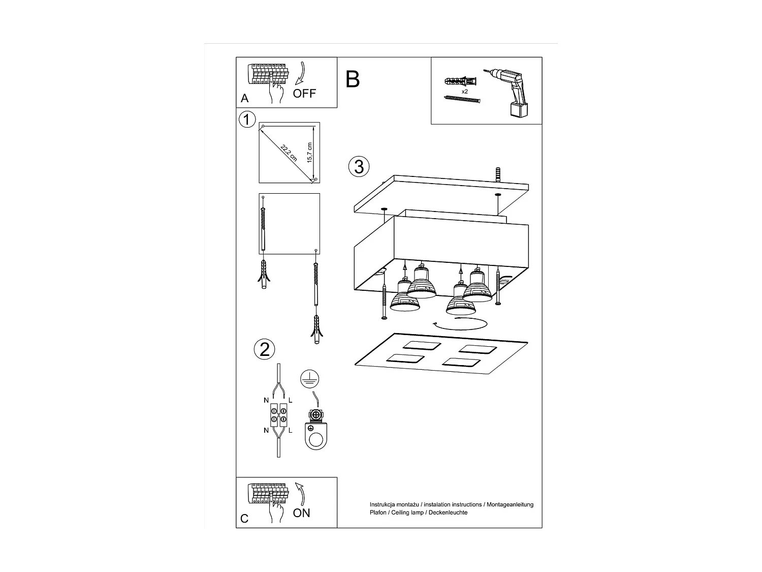 Plafony Minimalistyczny Mono, Stal - 4 Źródło - L.24 X H.11 Cm - Biały/Czarny