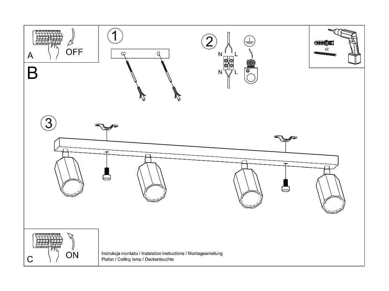 Sollux Lighting Zeke Barre de spots de plafond octogone en chêne, bois, 4x GU10