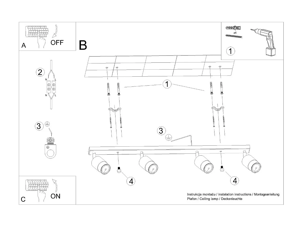 Plafondlampen Nero Modern Van  - 4 Lichtbronnen - L.81 X H.18 Cm - Zwart/Chroom
