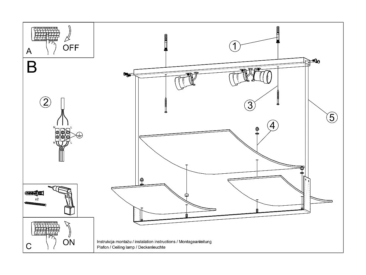 Sollux Lighting Celia Plafonnier décoratif encastré, blanc, 3x E27