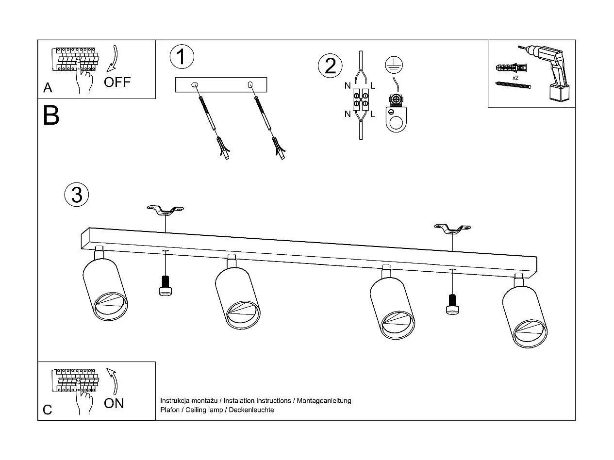 Sollux Lighting Berg Soffitto 4 Faretti Bar, Legno Naturale, 80cm
