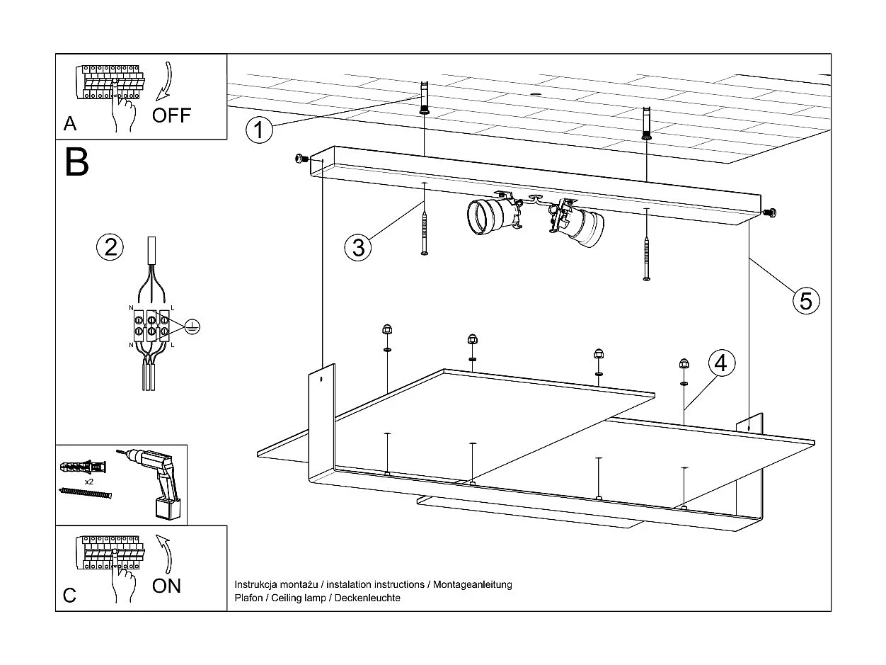 Sollux Lighting Massimo Plafonnier décoratif encastré, blanc, 2x E27