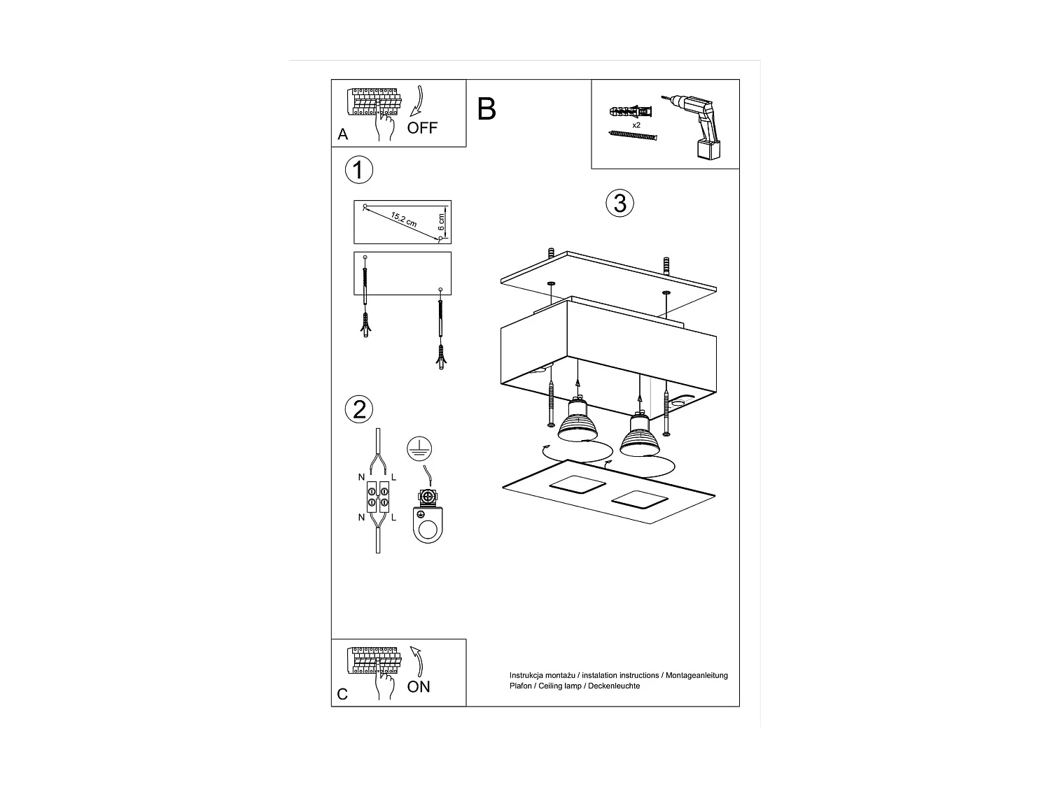 Sollux MONO - Lámpara de techo empotrada de 2 luces en blanco y negro, GU10