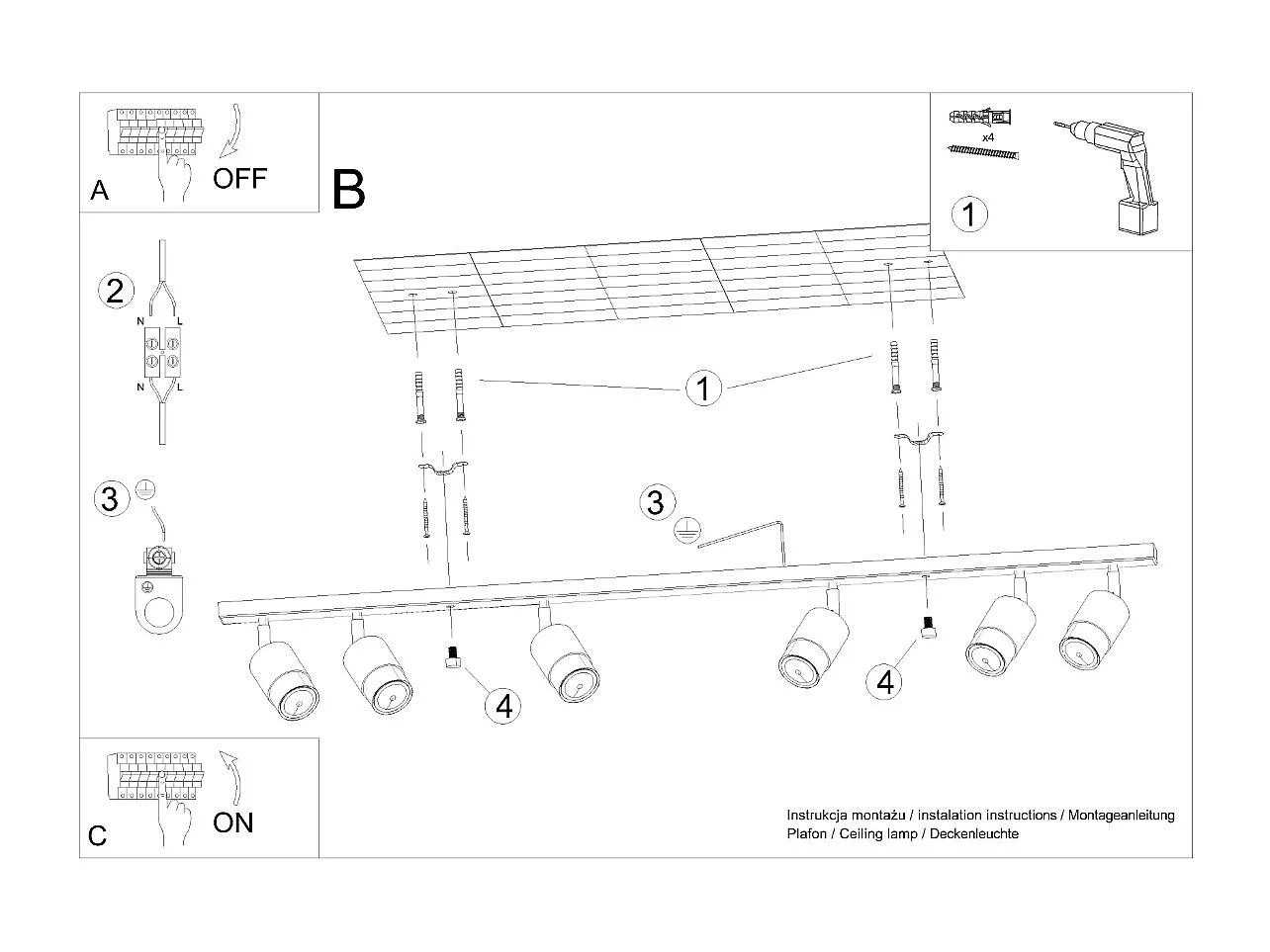 Sollux Lighting Nero Barre de spots de plafond, noir/doré, 6x GU10