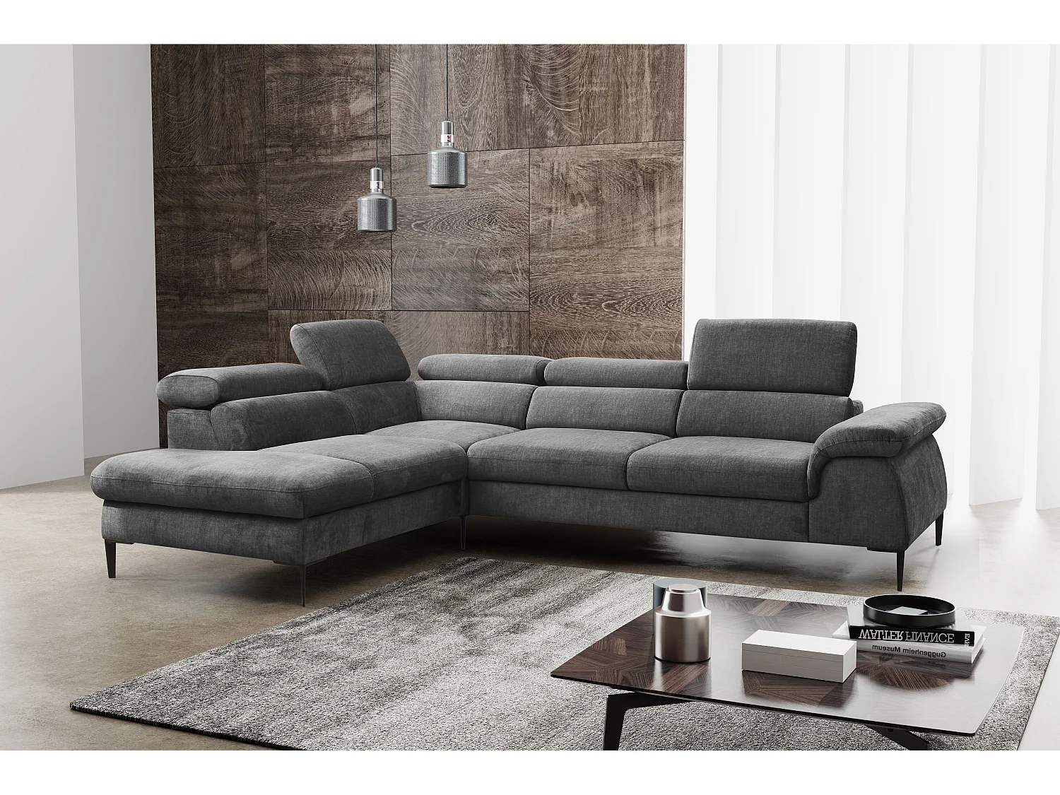 Grand canapé d'angle gauche convertible en velours gris anthracite SEPINA de Pascal Morabito