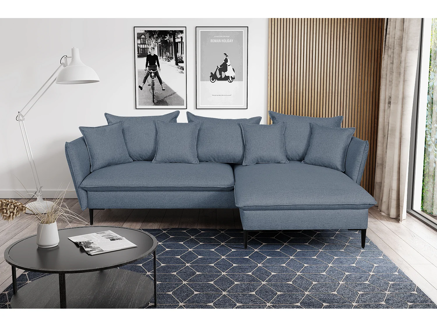 Canapé d'angle convertible en tissu bleu marine LAZARE - Angle droit