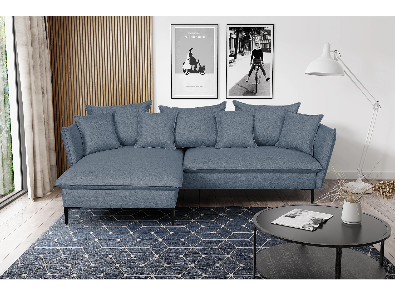 Canapé d'angle convertible en tissu bleu marine LAZARE - Angle gauche