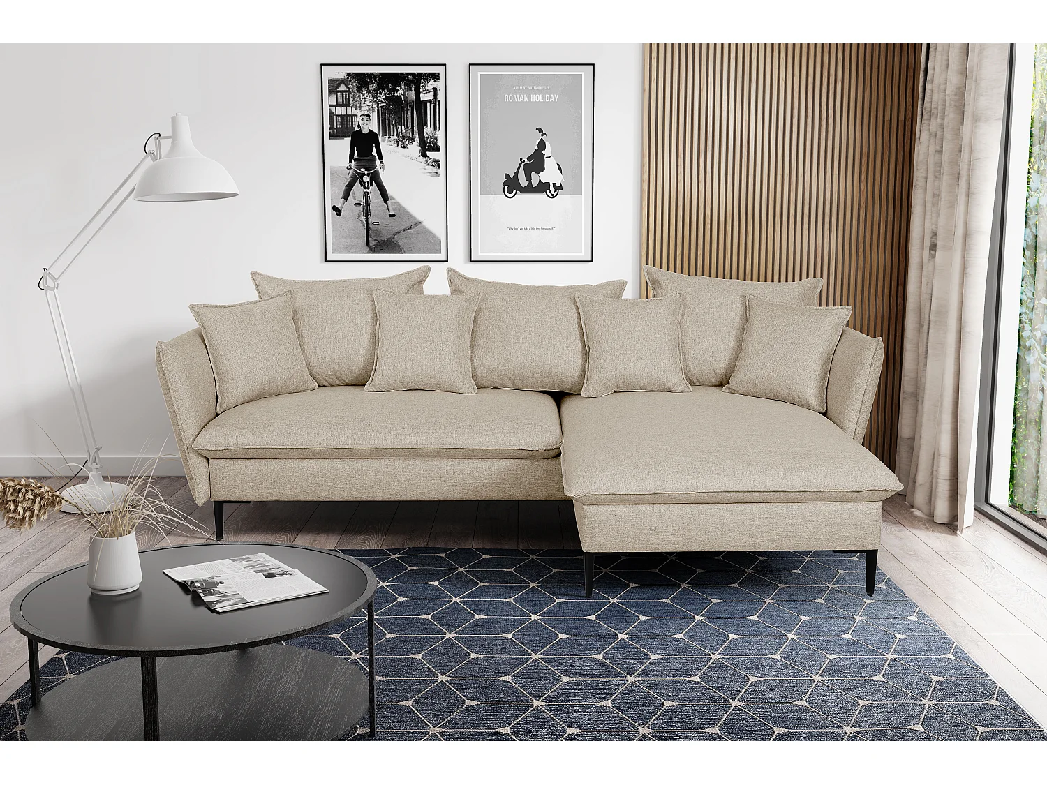 Canapé d'angle convertible en tissu beige LAZARE - Angle droit