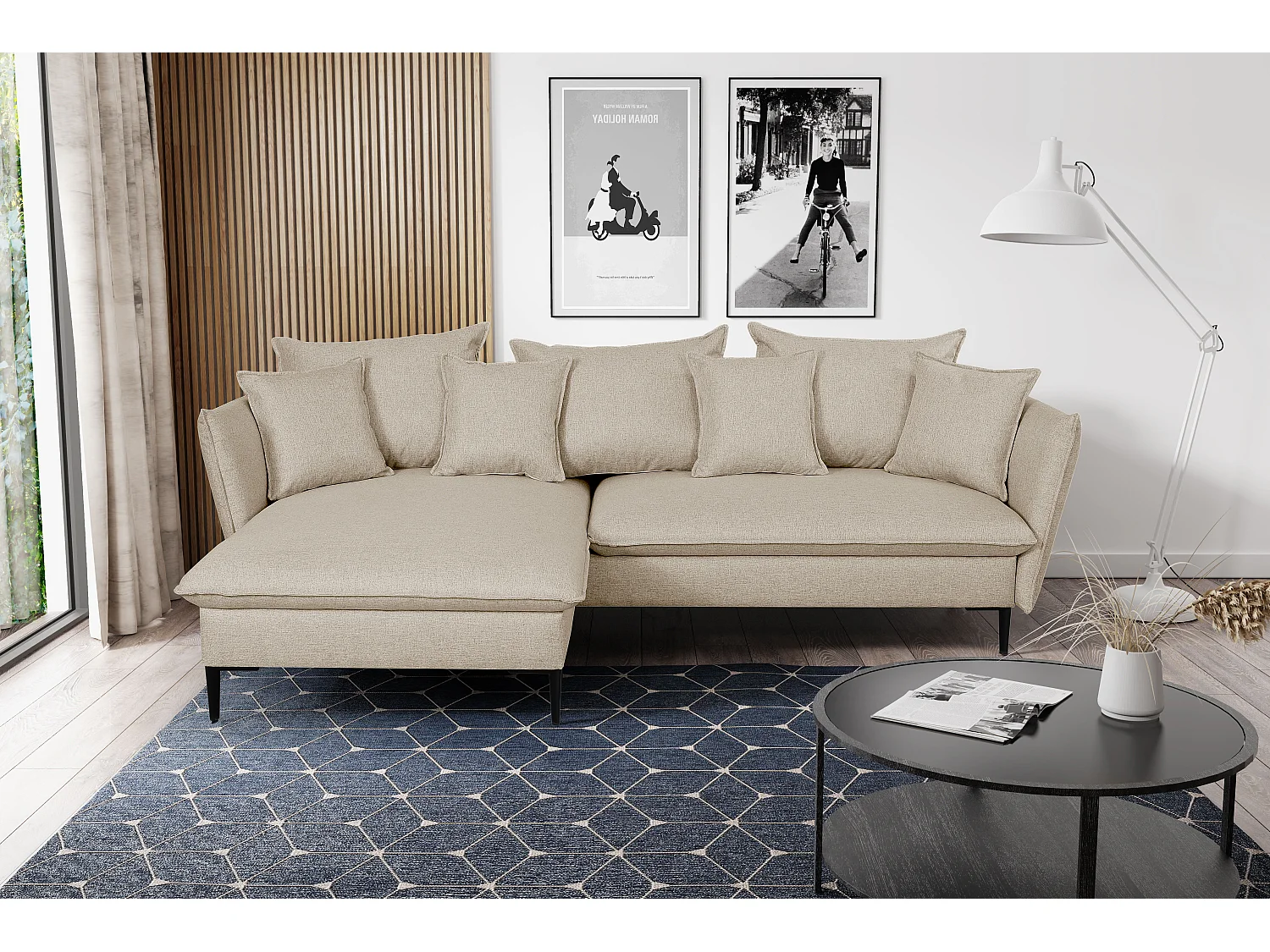 Canapé d'angle convertible en tissu beige LAZARE - Angle gauche