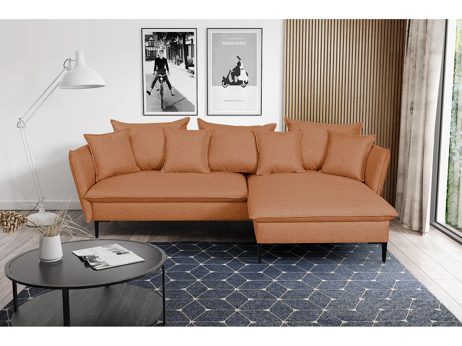 Canapé d'angle convertible en tissu orange LAZARE - Angle droit