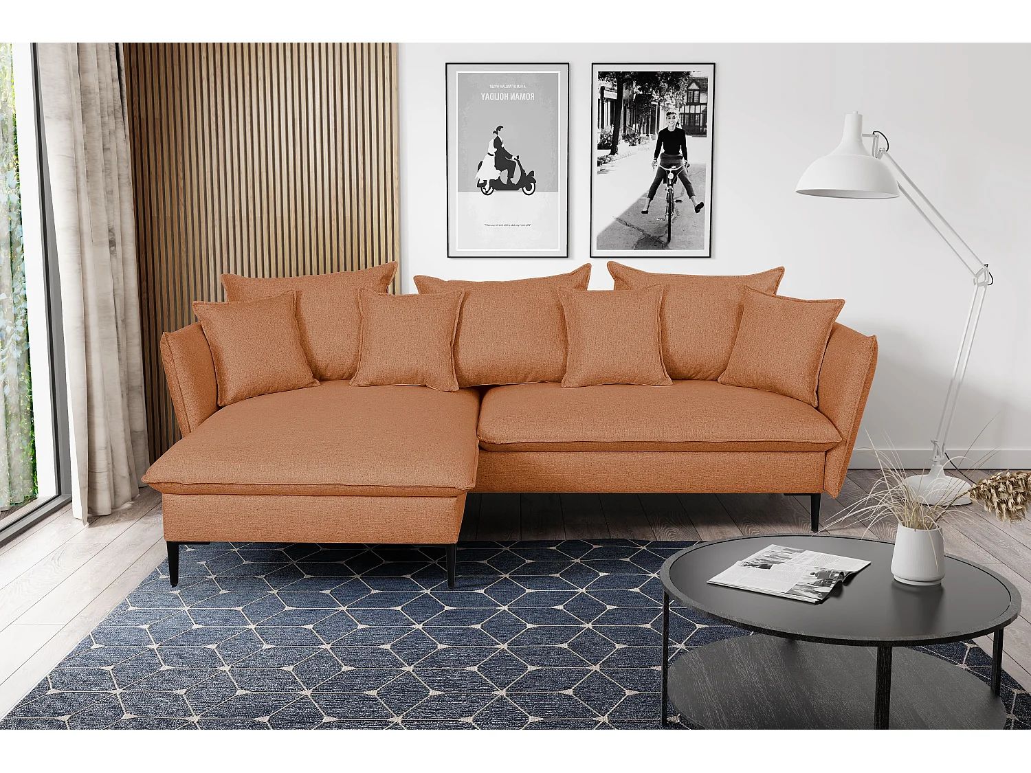 Canapé d'angle convertible en tissu orange LAZARE - Angle gauche