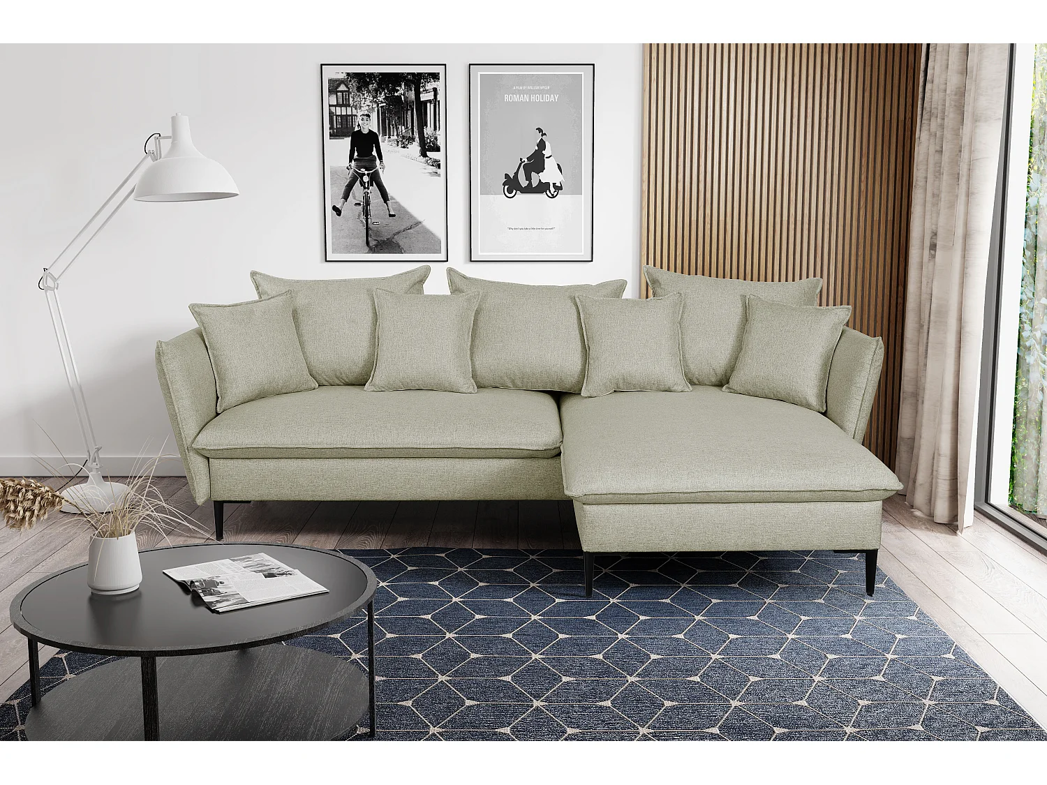 Canapé d'angle convertible en tissu vert clair LAZARE - Angle droit